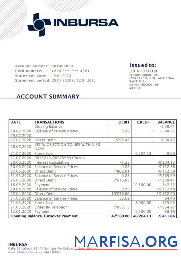 Blank Mexico Inbursa bank statement word real example